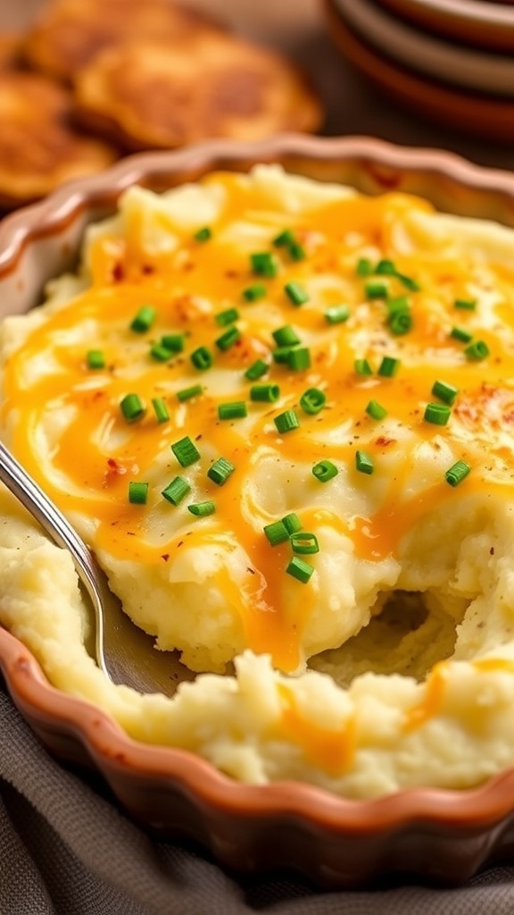 Oven-baked mashed potatoes topped with cheese and chives in a rustic baking dish.